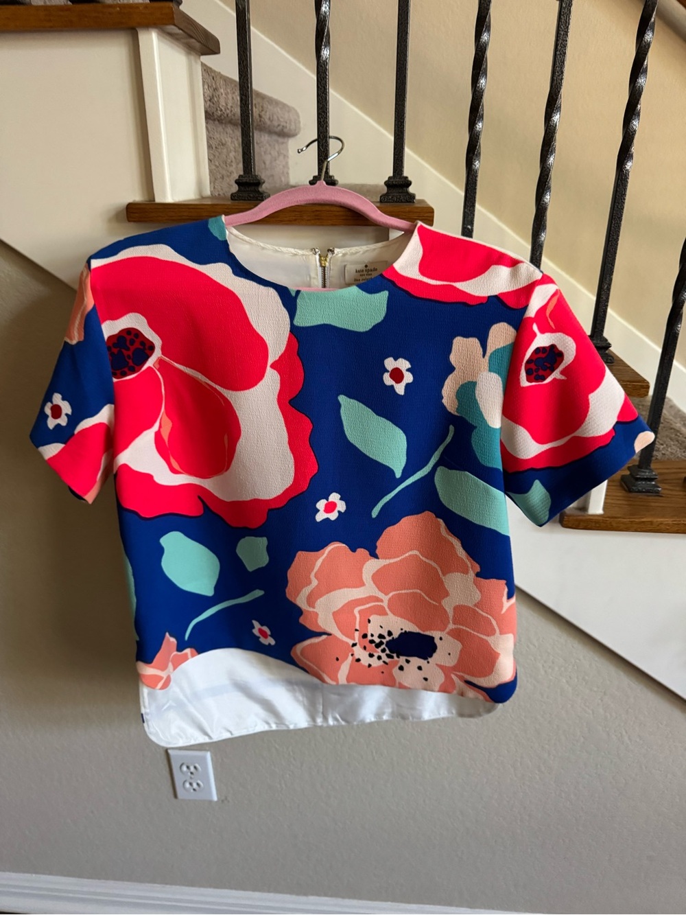 Kate Spade Floral Short Sleeve Boxy Top - Navy & Coral